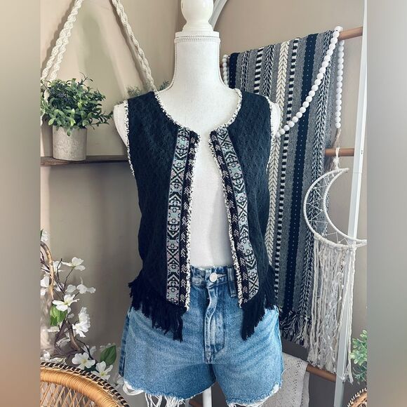 Miss Me Black Beaded Fringe Boho Festival Vibes Cropped Waistcoat Vest - Picture 1 of 8